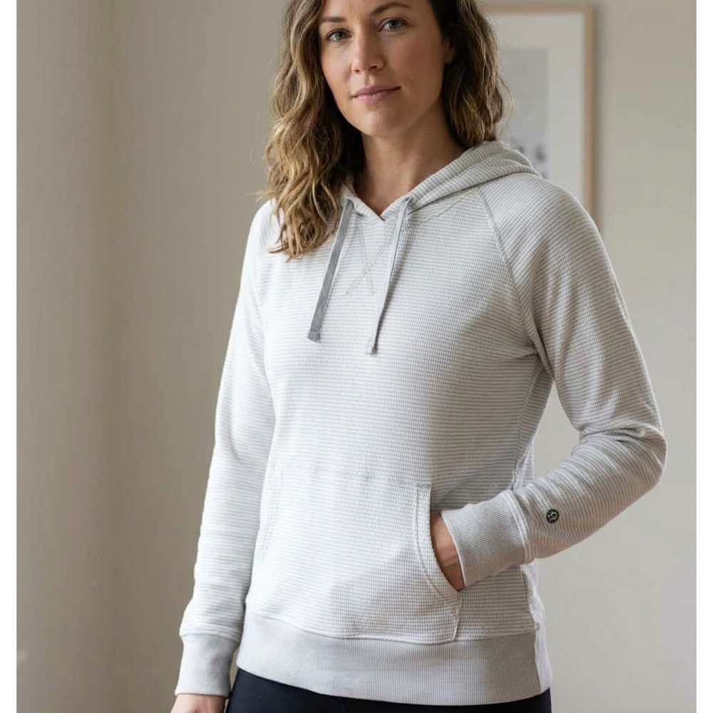 Kuhl Women XL‎ Gray White Striped Waffle Knit Pullover Hoodie Raglan Sweatshirt